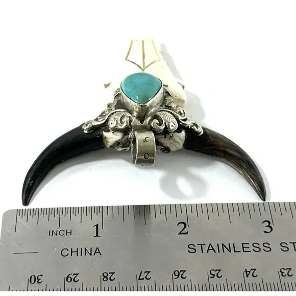 Western Steer Skull Style Pendant Turquoise Stone Southwestern Necklace Charm 3” - Picture 5 of 8